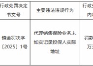 邮储银行镇江市分行被罚10万元：代理销售保险业务未如实记录投保人实际地址