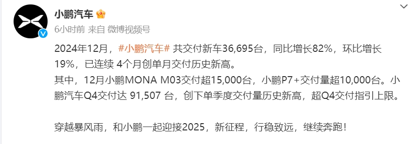 “蔚小理”12月成绩单出炉：蔚来交付量超3万台！小鹏汽车，同比增长82%！赛力斯、小米汽车也公布了